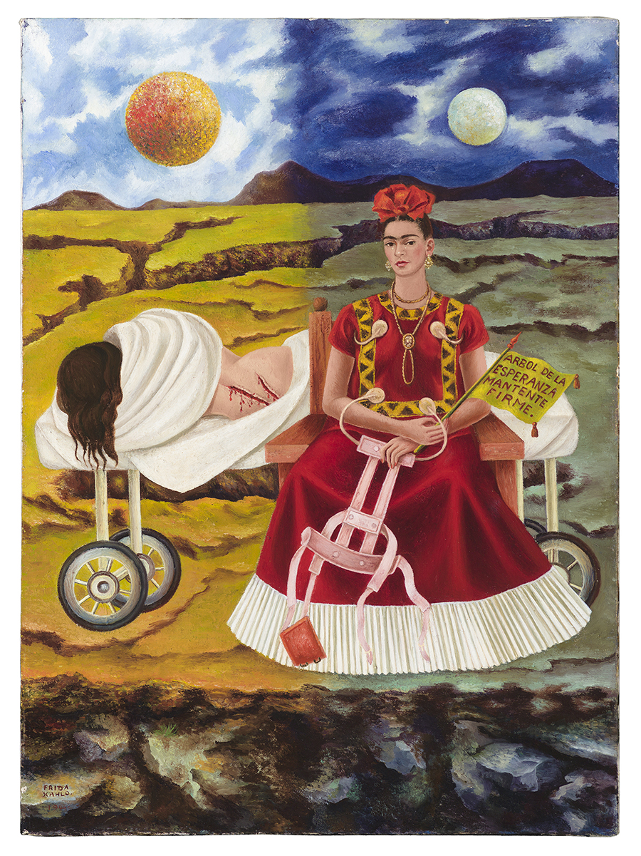 Frida Kahlo, Tree of Hope, Remain Strong, 1946, oil on masonite. Collection of Daniel Filipacchi Paris, France. Credit: © 2015 Banco de México Diego Rivera Frida Kahlo Museums Trust, Mexico, D.F. / Artists Rights Society (ARS), New York. Reproduction, including downloading of Frida Kahlo works is prohibited by copyright laws and international conventions without the express written permission of Artists Rights Society (ARS), New York.