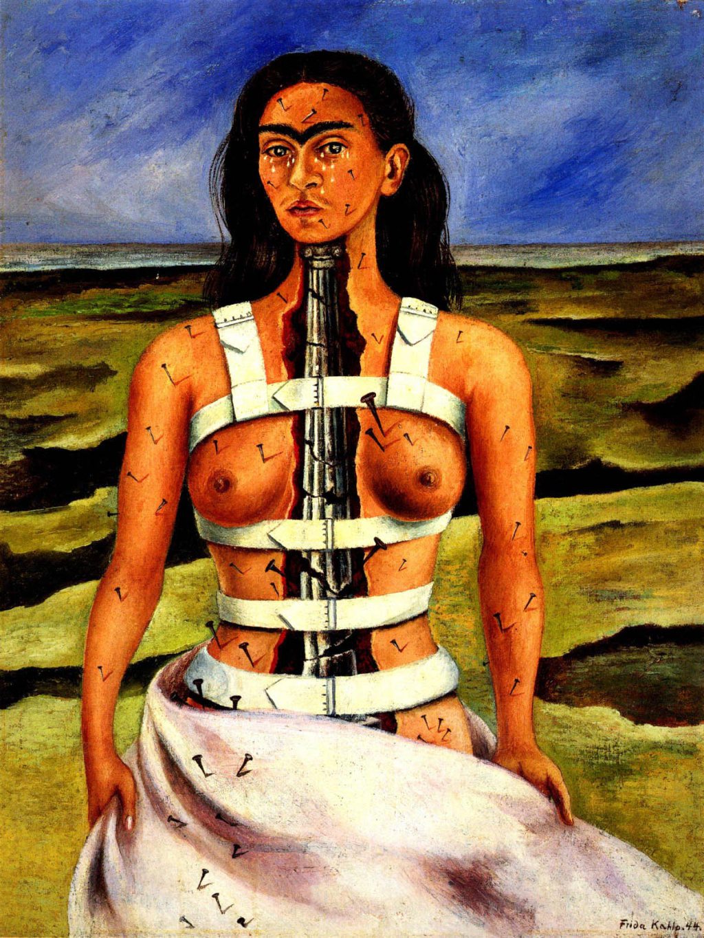 Frida Kahlo, Broken Column (La Columna Rota), 1944, oil on masonite. Collection of Dolores Olmedo Mexico City, Mexico. Credit: © 2015 Banco de México Diego Rivera Frida Kahlo Museums Trust, Mexico, D.F. / Artists Rights Society (ARS), New York. Reproduction, including downloading of Frida Kahlo works is prohibited by copyright laws and international conventions without the express written permission of Artists Rights Society (ARS), New York.